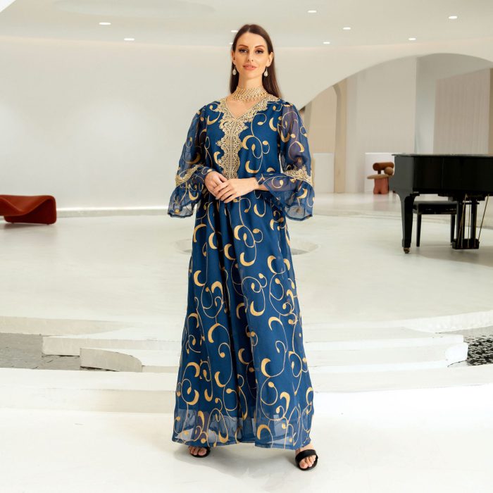 Ramadan Muslim Dress For Women Mesh Floral Embroidery Guipure Lace Flare Sleeves Modest Fashion Dubai Long Evening Dresses