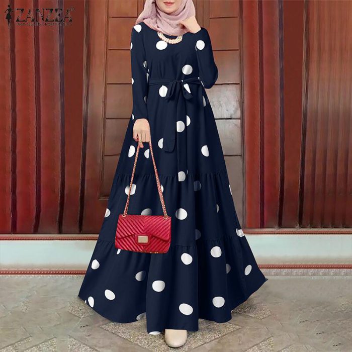ZANZEA Women Spring Muslim Dress Elegant Casual Loose Abaya Kaftan Sundress Long Sleeved Polka Dots Printed O-Neck Maxi Robe