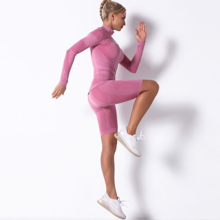 Seamless Knitting Sexy Stripe Breathable Long Sleeve Shorts Set Yoga Wear Sports Gym Pants