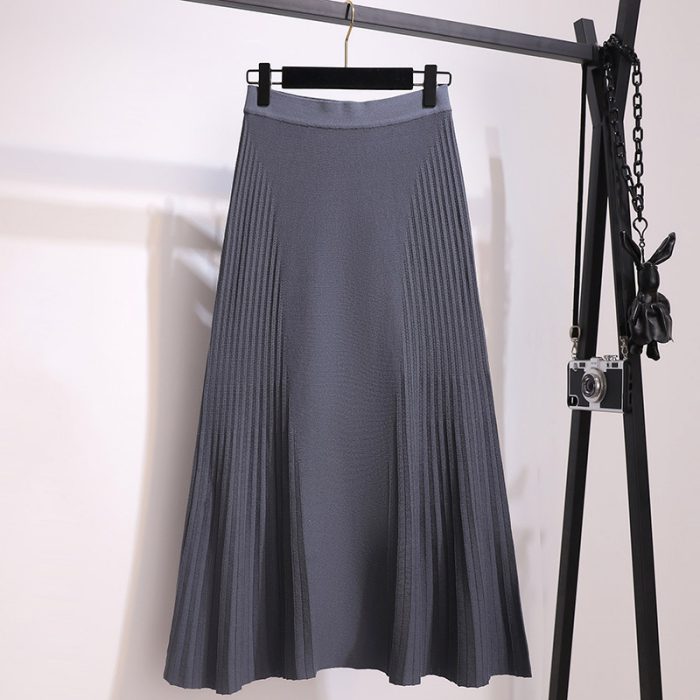 Women Pleated Skirt Elegant Long Knitted Skirt Office Korean Fashion Black A-Line High Waist Long Maxi Knitted Skirts for Women