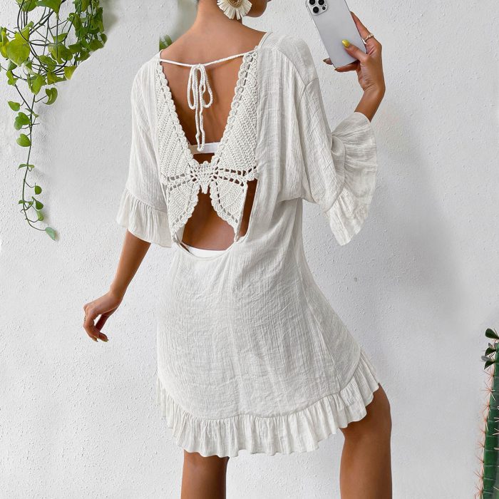 New Butterfly Kniited Beachwear Sexy String Bathing Suit Cover Up White Ruffle Sleeve Tunic Black V-neck Cover-ups 2024 Women