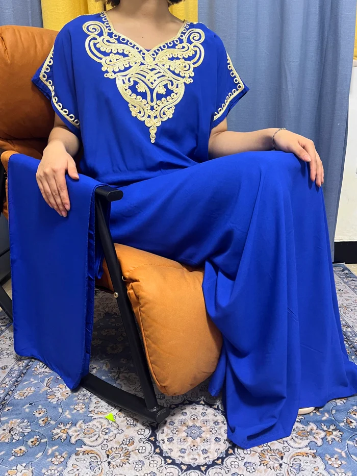 Abayas For Women 2023 Islam Pure Color Sequins Cotton O-neck Jilbab Short Sleeves African Dresses Femme Robe With Headscarf