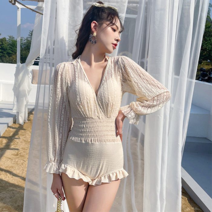 Cover-ups Women Pure Sun-proof V-neck Sexy Breathable Ladies BF Simple Design Elegant Summer Beach Style Swimsuit Ruffles Chic