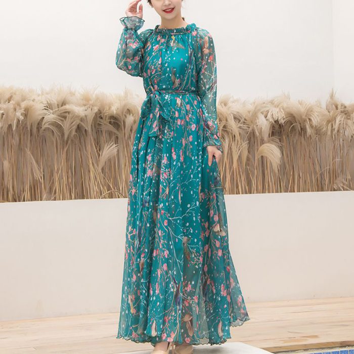 2023 Boho Floral Print Party Dress Women Vestidos Elegant Fashion Loose Chiffon Long Sleeve Muslim Abaya Islamic Clothing Robe