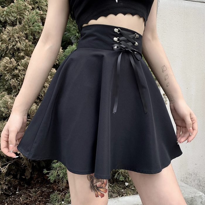 Women's Basic Versatile Flared Casual Mini Skater Skirt High Waisted School Goth Punk Black Skirt Harajuku