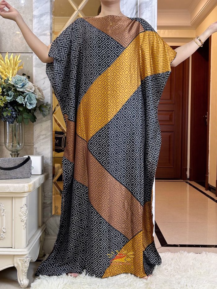 New Style Silk Oversize African Women Clothing Dubai Dashiki Abaya Free Size Print Design With Scarf Loose Long DressHB-293