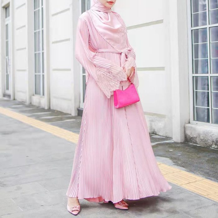 Turkey Muslim Lace Pleated Dress Women Abaya Ramadan Eid Mubarak Kaftan Dubai Vestidos Islam Pakistani Arab Abayas Caftan Robe
