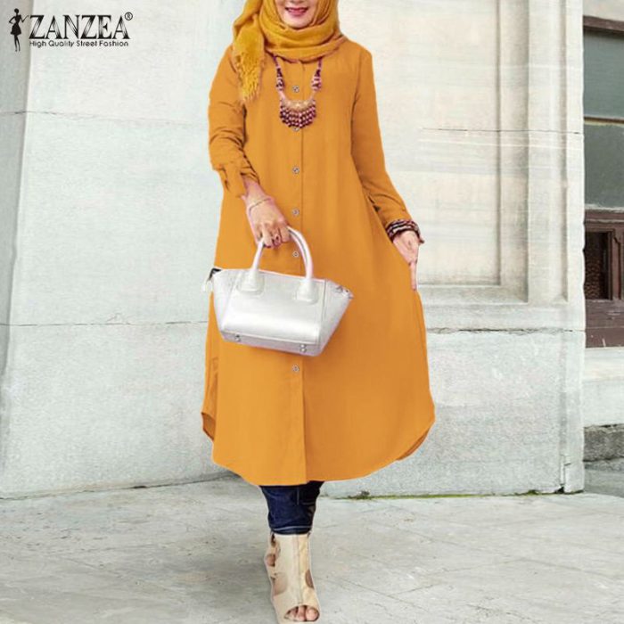 ZANZEA Women Long Shirt Dress Fashion Muslim Abaya Sundress Robe Femme Solid Lapel Neck Long Sleeve Kaftan Vestido Islamic Cloth