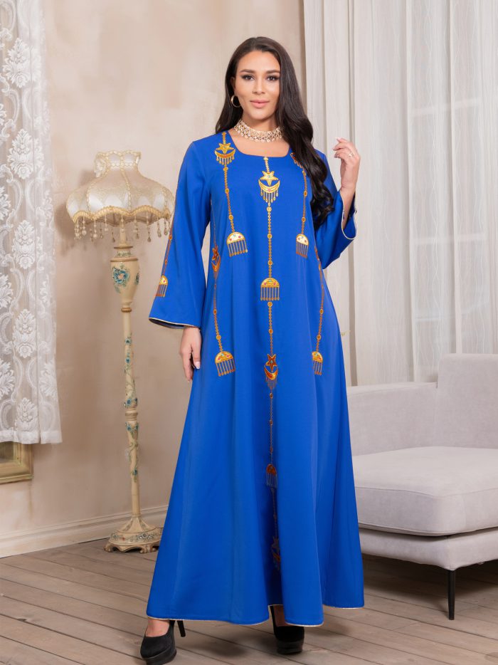 AB082 Middle Eastern Muslim Embroidered Abaya Blue Embroidered Robe Arab Ethnic Dress Muslim Dress Women Turkish