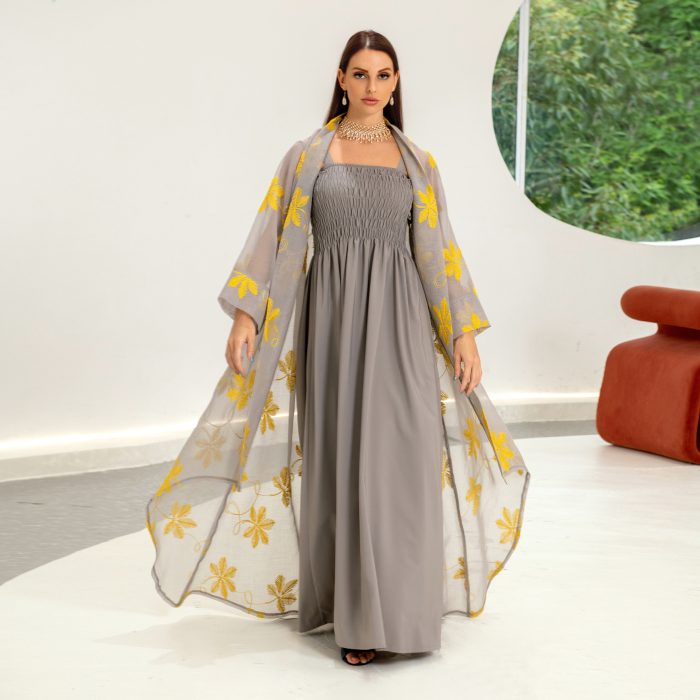 Fashion Gauze 2 Piece Muslim Sets Abaya Grey Sling All Season Dubai Luxury Dress for Women Evening Party Muslim Dress Women