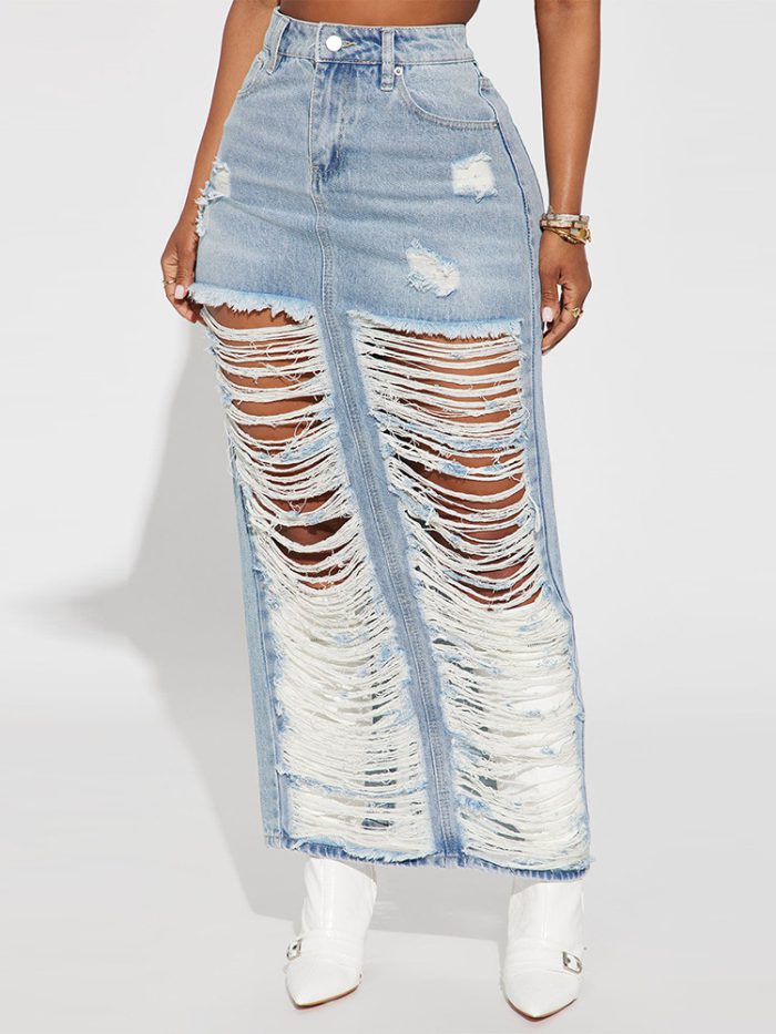 DEAT Fashion Women's Denim Skirt Hollow Out Tassel Light Blue Distressed Washed Split Ankle-length Skirts Autumn 2023 New 7AB374