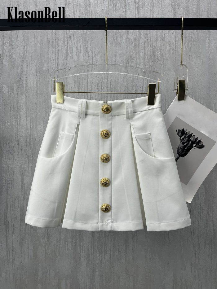 8.2 KlasonBell Wool Blend Fashion Versatile Gold Button Decoration Pleated High Waist A-Line Skirt Women