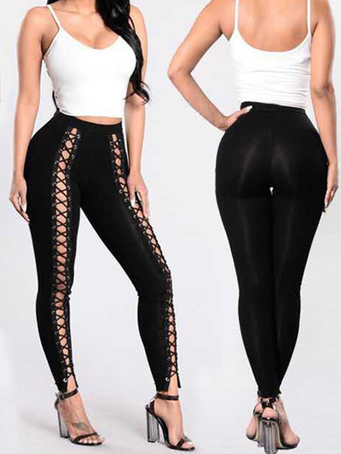 Cross Nightclub Side Bandage Leggings Women Sexy Summer Hollow Out Black Trousers Bodycon Stitching Cropped Pants