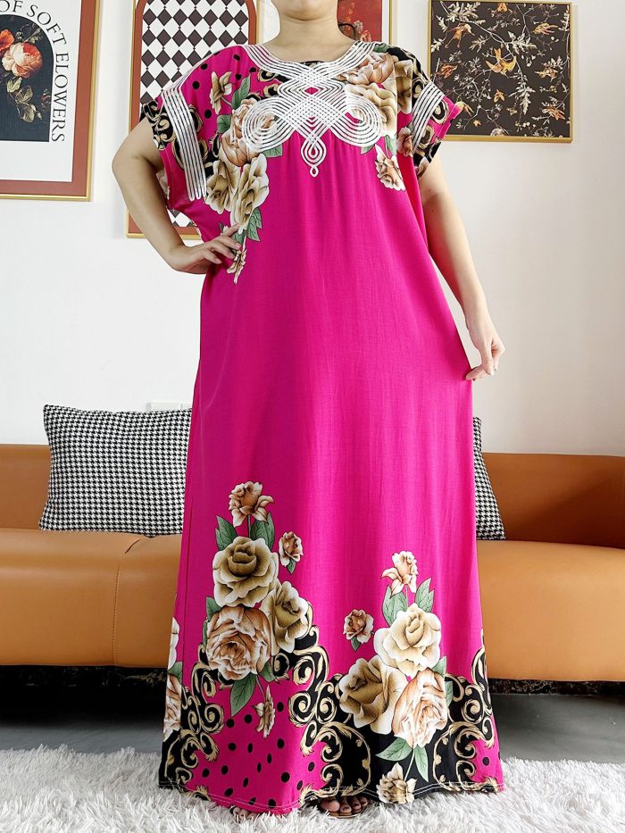 New Style Muslim Lady Summer Short Sleeve Dress Rose Floral Print Colorful Boubou Maxi Islam Women Dress African Abaya Clothes