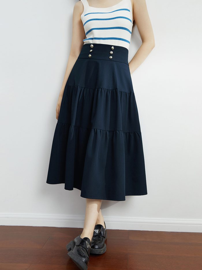 DUSHU High Waist Mental Button Decoration Women Navy Blue A-LINE Skirts 2023 Autumn Pleated Design Female Long Cake Skirt