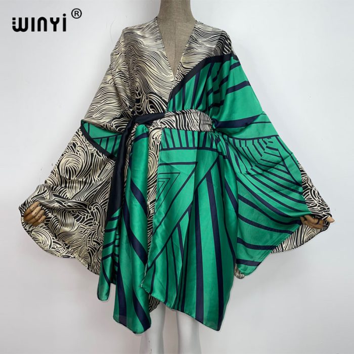 WINYI 2022 Bohemian Printed Self Belted Loose Summer elegant Beach Tunic free Size Kimono Women Street Wear Casual Maxi Dress