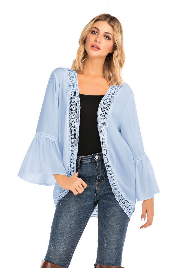 Women's Kimono Cardigans Ruffle Bell Sleeve Sweaters Lace Cover Up Loose Blouse Tops Chiffon Long Sleeved Shirt