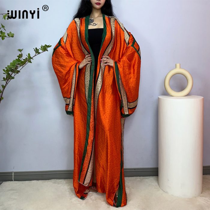 2023 WINYI bright fashion printing sweet lady beach Bohemian long Cardigan Cover-up stitch Casual Boho Maxi Holiday party kimono