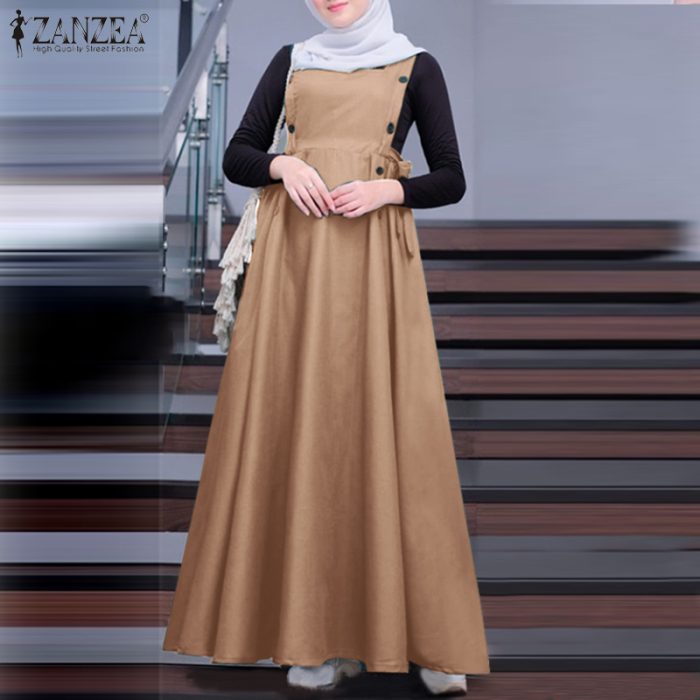 Muslim Fashion Dresses ZANZEA Elegant Abayas For Women Autumn Sundress Casual Solid Strap Long Dress Dubai Robe Vestidos Abaya
