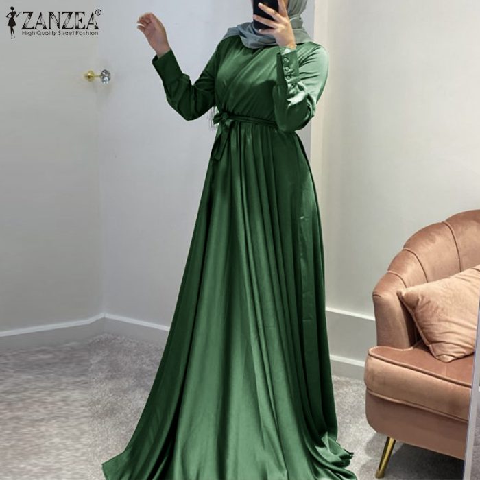 Elegant Clubbing Long Dress Muslim Fashion Maxi Dress ZANZEA Women Full Sleeve Dresses Casual Belted Party Robe Abaya Kaftan