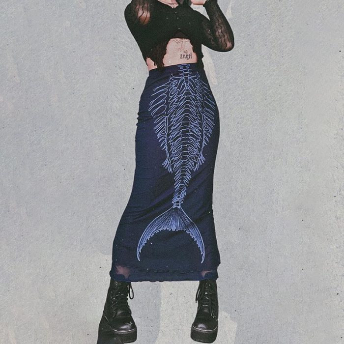 PixieKiki Mermaid Printed Graphic Skirts for Woman Japanese Y2k Streetwear Goth Long Maxi Skirt Harajuku Fashion P80-DB14