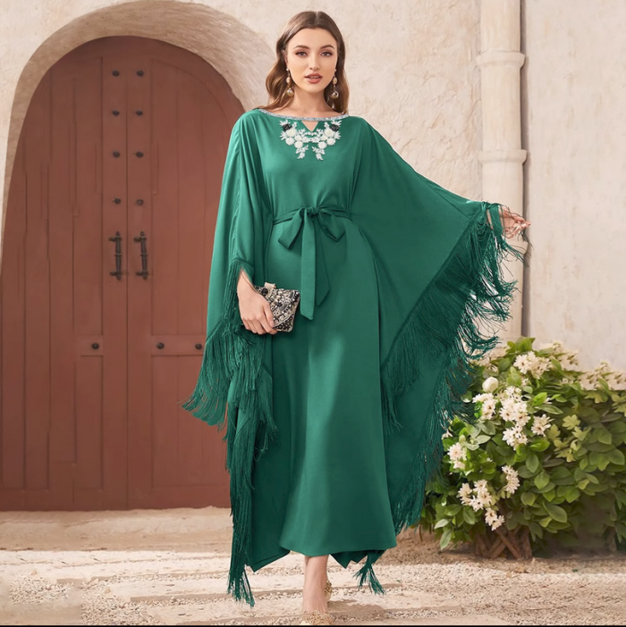 Middle Eastern Green Dress Diamond Round Neck Bat Sleeve Women's Gown