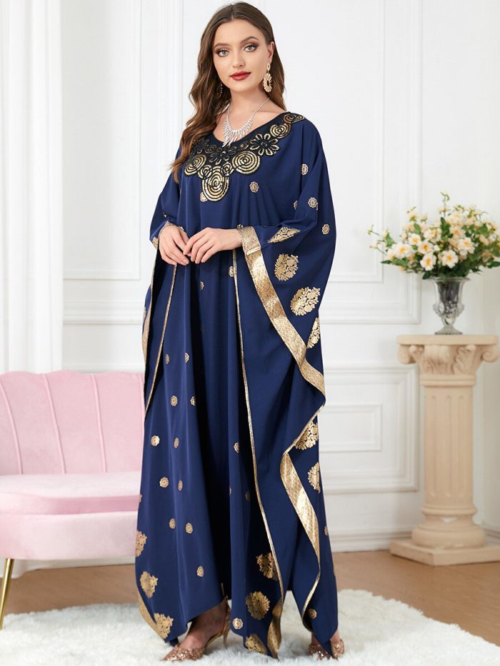 Fashion Muslim Arabic Dubai Gold Print Abaya For Women African Bat Sleeve Kaftan Loose Robe Femme Plus Size Evening Long Dresses