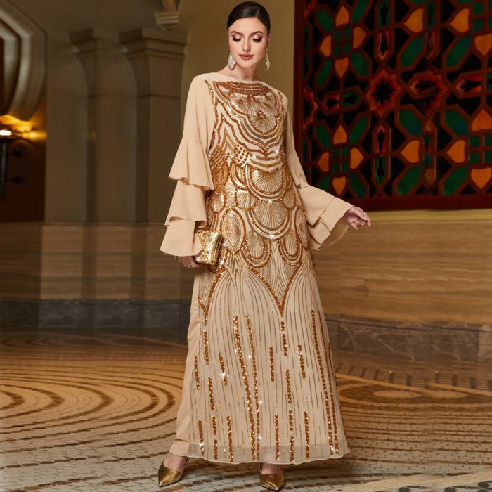 Eid Muslim Sequins Dress for Women Abaya Ramadan 3 Layers Butterfly Sleeve Long Abayas Woman Robe Moroccan Caftan Vestidos