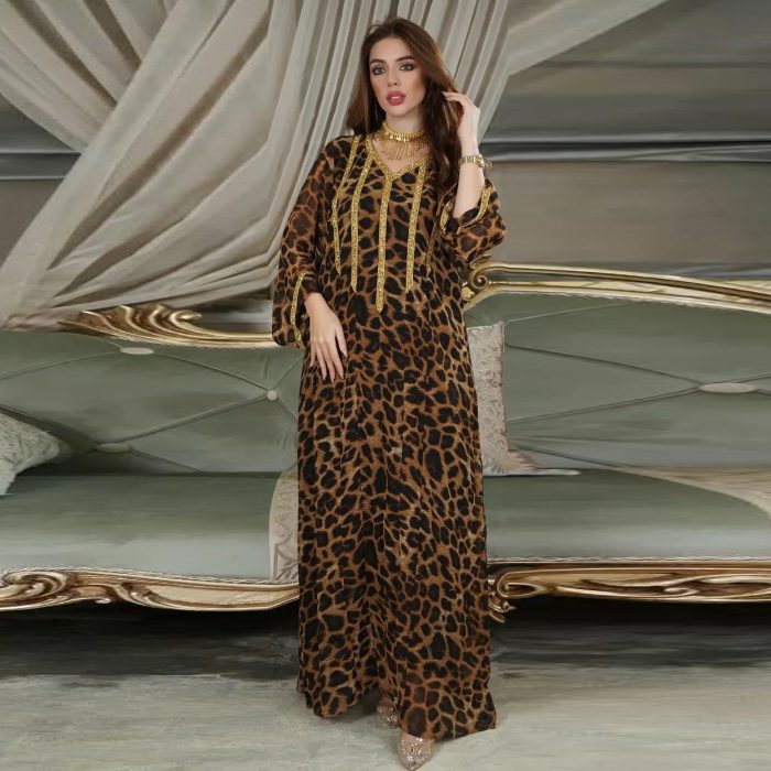Hot Drill Jalabiya Leopard Printed Muslim Dress for Women Fashionable Muslim Abaya Maxi Kaftan Dresses Islamic Clothing