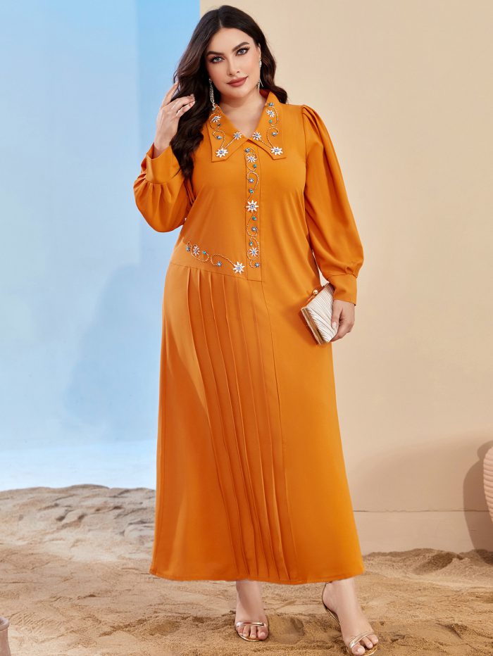 Women Long Eid Dress Caftan Muslim Abaya Pearls Robe Femme Lapel Long Sleeve Abayas Kaftan Dresses Party Jalabiya Ramadan