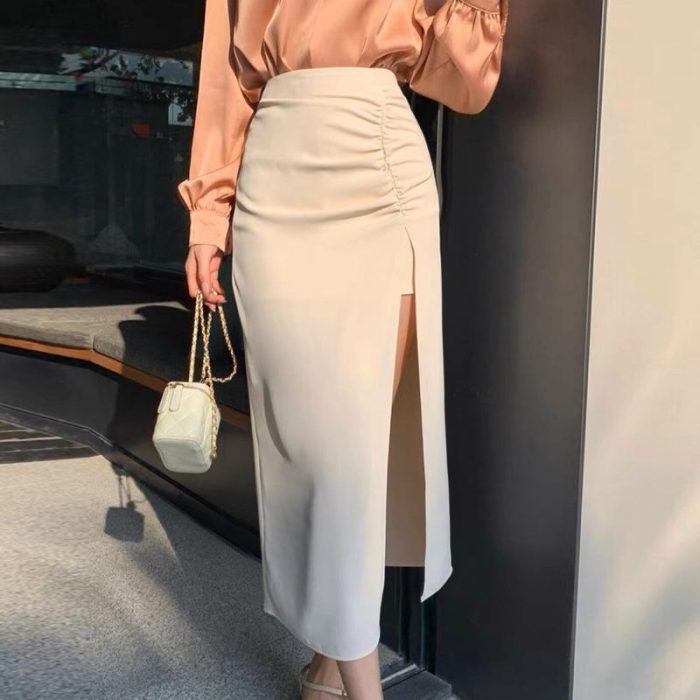 VONDA Women Office Lady Skirts 2023 Fashion Elegant Solid Color Skirts Sexy High Waisted Pleated Slit Mid Length Skirt Bottoms