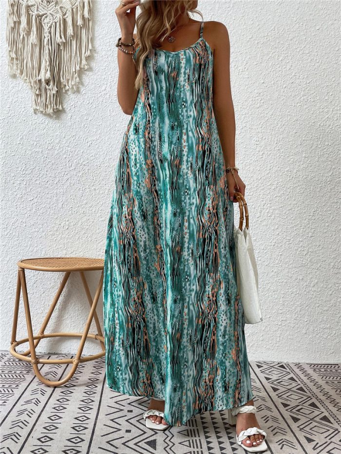 Casual Summer Trendy Gradient Print Sling Beach Style Maxi Dress Women O-Neck Loose Pullover Backless Vintage Sleevelss Sundress