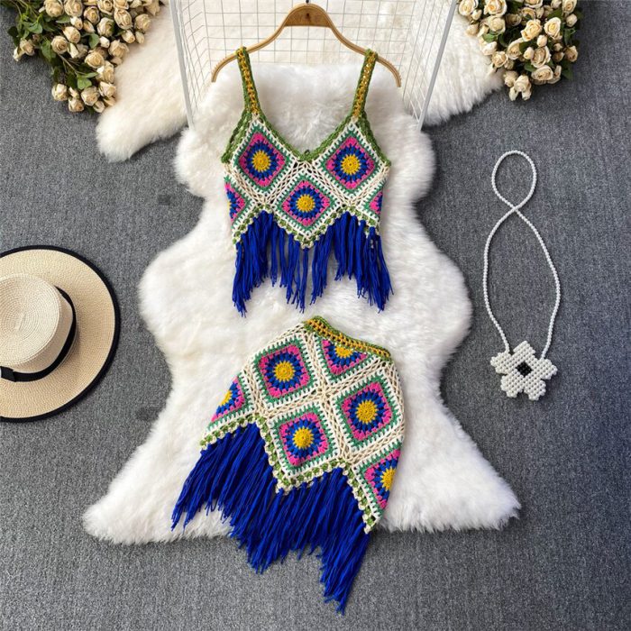 Summer Two Piece Knitted Sets Women Sleeveless Camis Tank Tops Irregular Skirts Suits Bohemian Clothing Crochet Holiday Wear