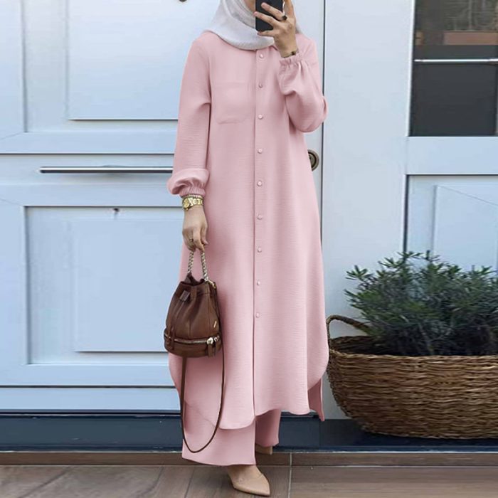ZANZEA Fashion 2pcs Women Muslim Sets Spring Long Sleeve Shirt Pants Suits Casual Dubai Turkey Abaya Sets Eid Mubarek Outifits