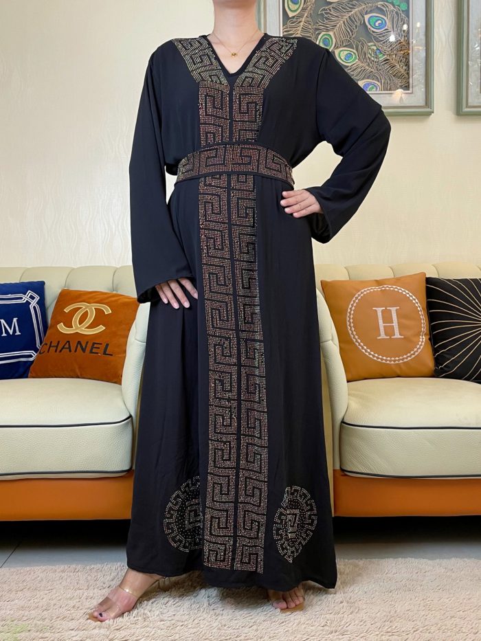 New African Autumn Abaya For Women Dubai Islamic Dress Black Diamonds Long Sleeve Arab Muslim Evening Dress Party Clothing