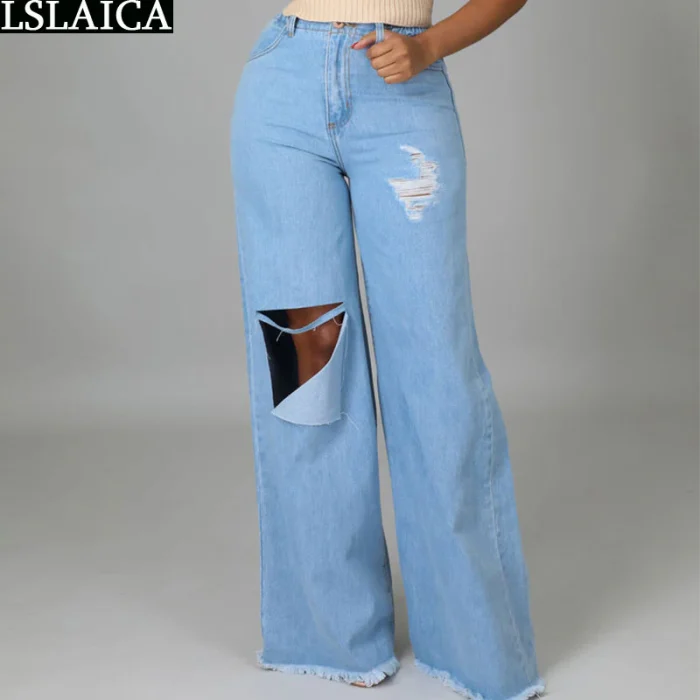 Y2k Jeans Woman High Waist Hole Design Loose Wide Leg Casual Spring Summer Pants Streetwear Fashion Elastic New Arrival Trousers