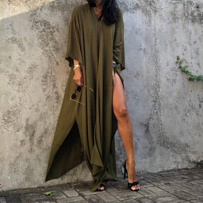 V-neck 3/4 Sleeve Swimsuit Cover Up All-matched Large Hem Solid Color Comfortable Bikini Cover-ups Dress for Swimming Pool 2022