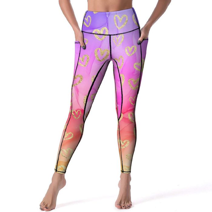 Gold Hearts Leggings Purple Pink Tie Dye Print Fitness Yoga Pants Push Up Kawaii Leggins Stretchy Printed Sports Tights XL XXL