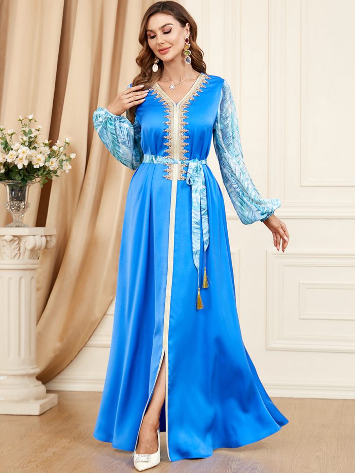BNSQ 3402# 2023 Summer New Fresh Fashion Women's Dress Elegant Muslim Abaya Spliced Bubble Sleeve Beaded Dress