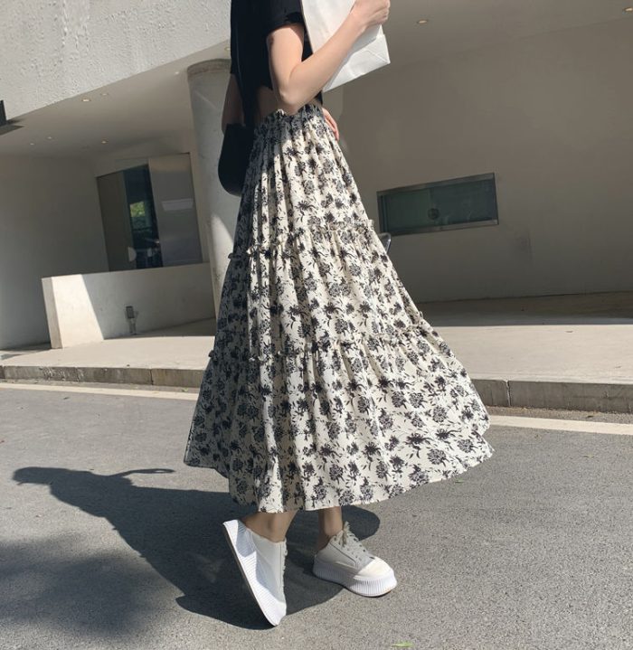 HOUZHOU Floral Long Skirt Women Summer 2023 Chiffon High Waist Loose Vintage Elegant Patchwork A-line Midi Skirt Korean Style