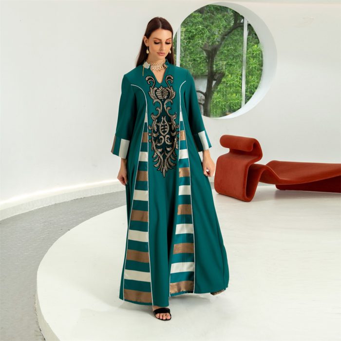 Elegant Casual Floral Embroidery Patchwork Long Dresses Vintage Contrast Color Kaftan Ramadan Gulf Abayas For Women