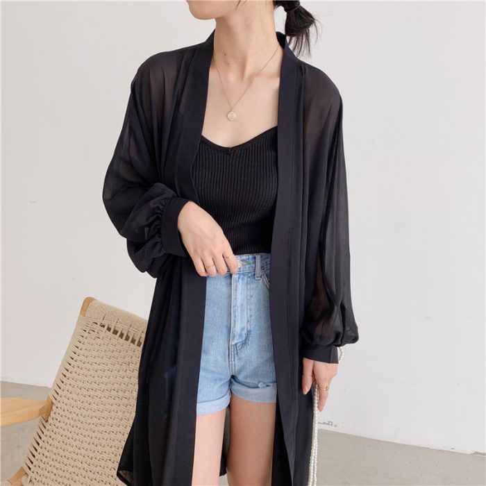 New Fashion Womens Cape Summer Ultra-thin Cardigan Solid Beach Vacation Sun Protection Coat Loose Mid-length Elegant Ponchos