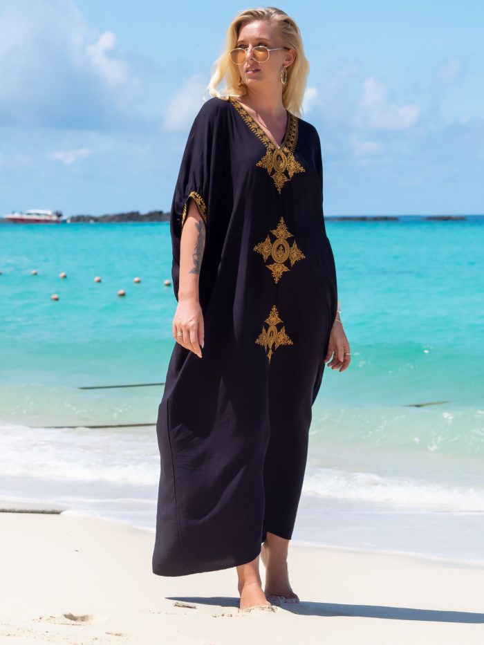2023 Elegant Gold Embroidered Long Kaftan Retro V-neck Black Maxi Dress Women Summer Clothes Beach Wear Swim Suit Cover Up Q1373