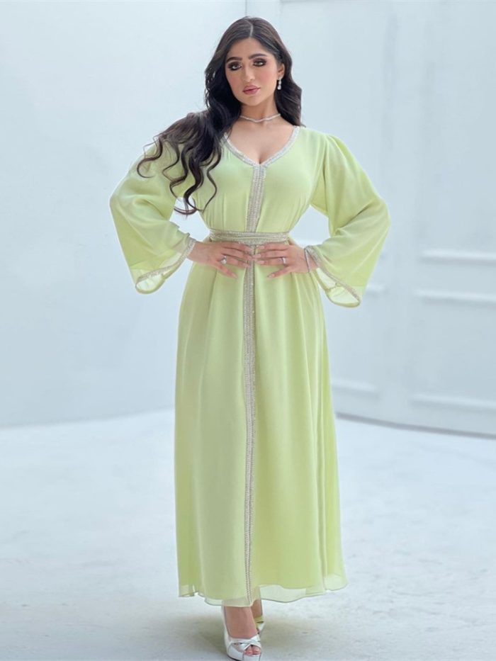 Muslim Women Dress Morocco Caftan Chiffon Diamond Abaya V Neck Long Sleeve Loose Belted Arab Dubai Caftan Eid