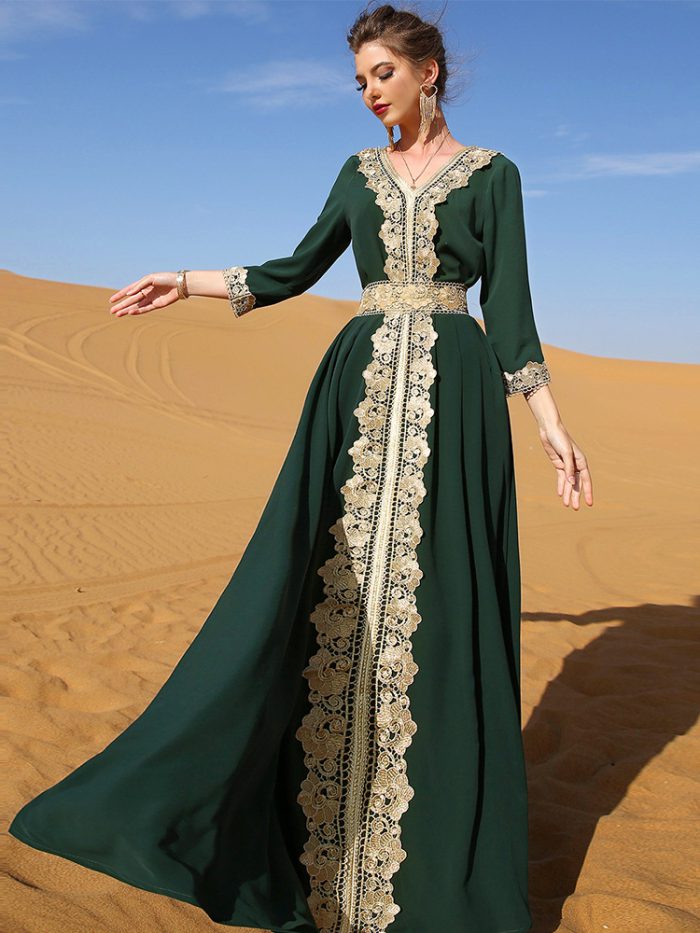 Elegant Muslim Women Dress Embroidery Lace Retro Fashion Abaya Party Long Dress Morocco Kaftan IslamClothing Dubai Turkey Robe