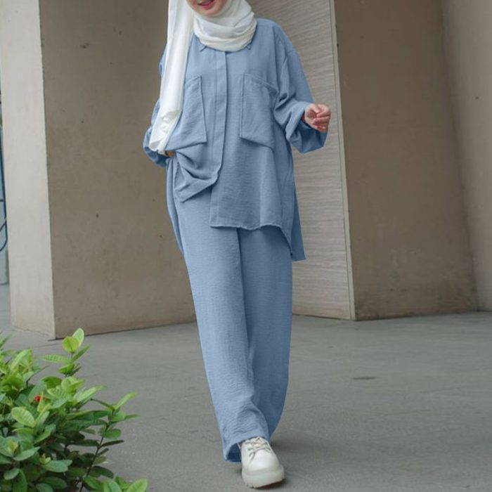 ZANZEA Muslim Long Sleeve Blouse Wide Leg Pants Suits Autumn Solid Abaya Women Matching Sets 2PCS Tracksuits Turkey Kaftan