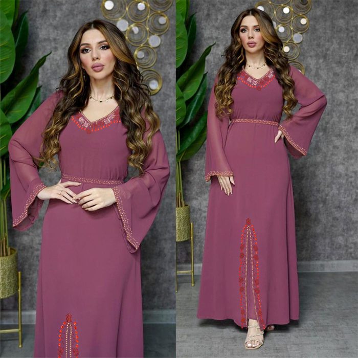 Eid Morocco Party Dress Women Muslim Ramadan Abaya Dubai Diamond Chiffon Kaftan Elegant Robe Turkey Gown 2023