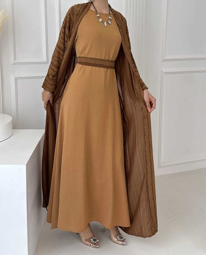 2pcs Set Striped Abaya Kimono with Simple Inner Dress Abayas for Women Dubai Turkey Arabic Muslim Cardigan Islam Outfit Kaftan
