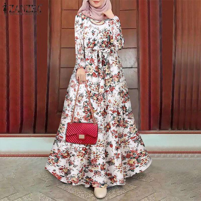 ZANZEA Elegant Floral Muslim Dress Women Printed Sundress Kaftan Turkey Abaya Hijab Vestidos Belted Female Robe Islam Clothing
