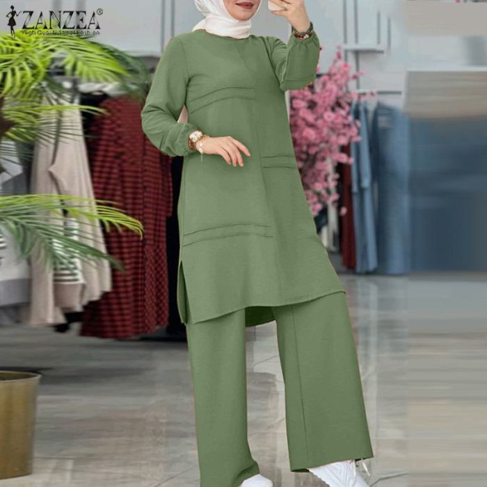 ZANZEA Muslim Sets Two Piece Autumn Sets Elegant Full Sleeve Blouse Wide Leg Pants Dubai Abaya Turkey Kaftan Women Matching Set